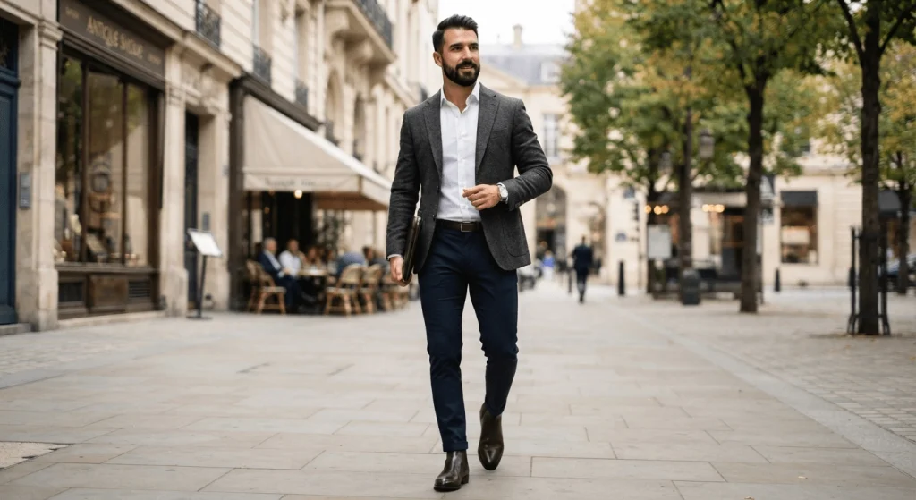 نیم بوت قهوه‌ای + شلوار سرمه‌ای؛ یکی از بهترین ترکیب‌های نیمه‌رسمی