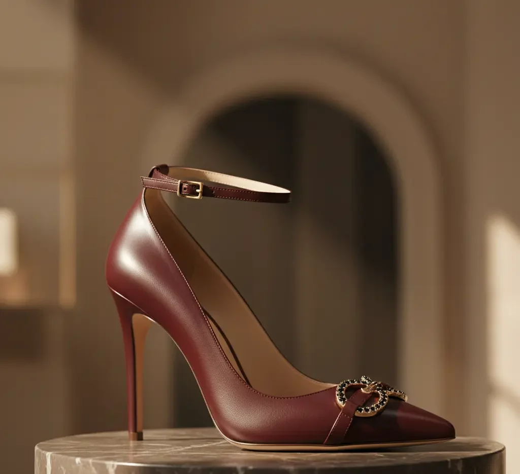 محصولات چرم زنانه - کفش چرم زنانه زرشکی رنگ