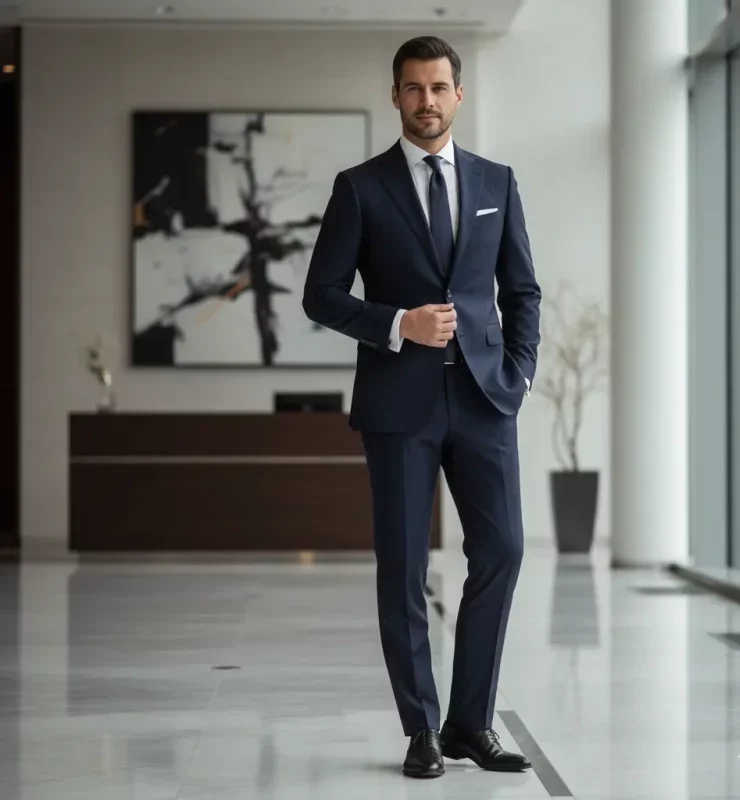 مرد کت وشلواری با کقش چرم رسمی مردانه