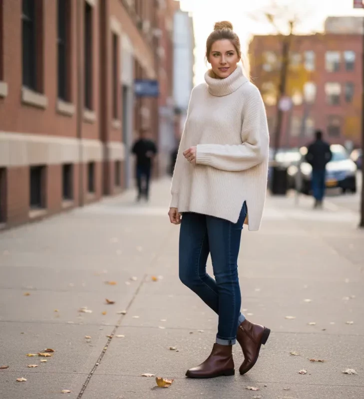 استایل با بوت چرم قهوه ای کوتاه