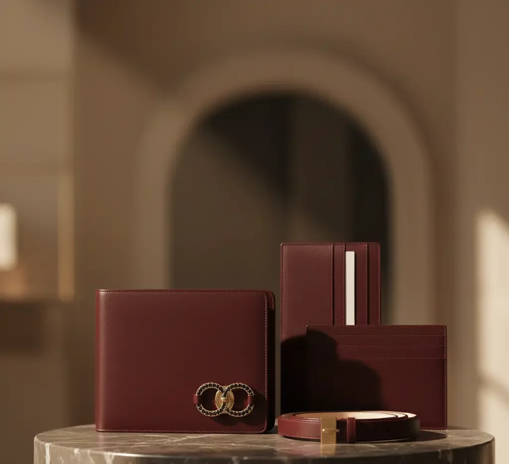 محصولات چرم زنانه - اکسسوری چرم زنانه زرشکی رنگ