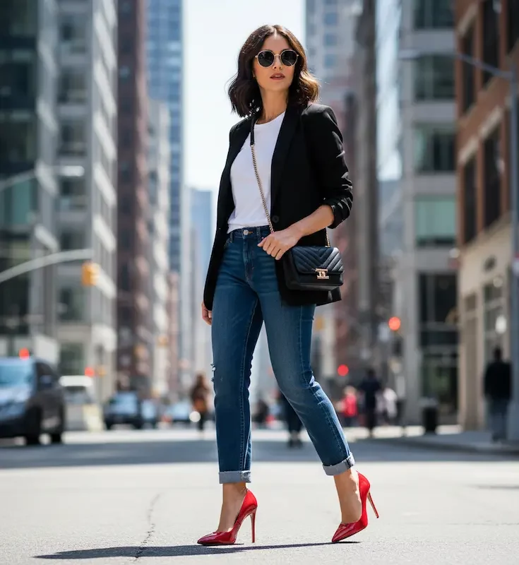 مدل با کفش پاشنه بلند چرم قرمز رنگ